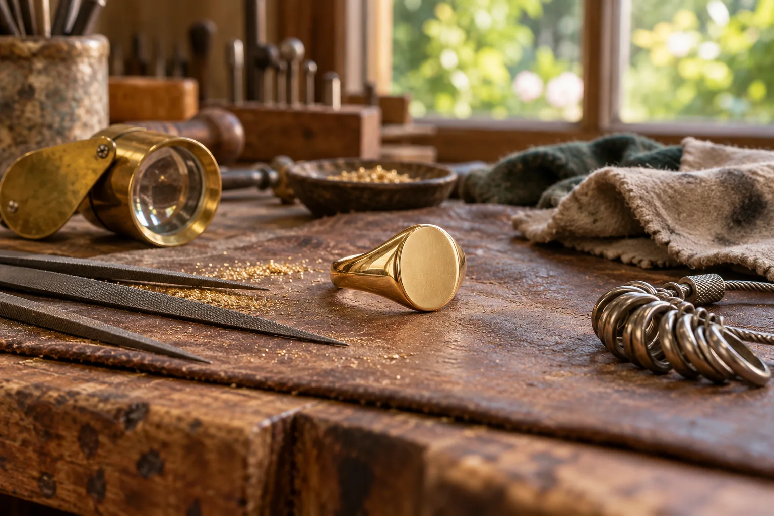 A gold signet ring on a jeweller's timber bench among hand tools, in soft window light