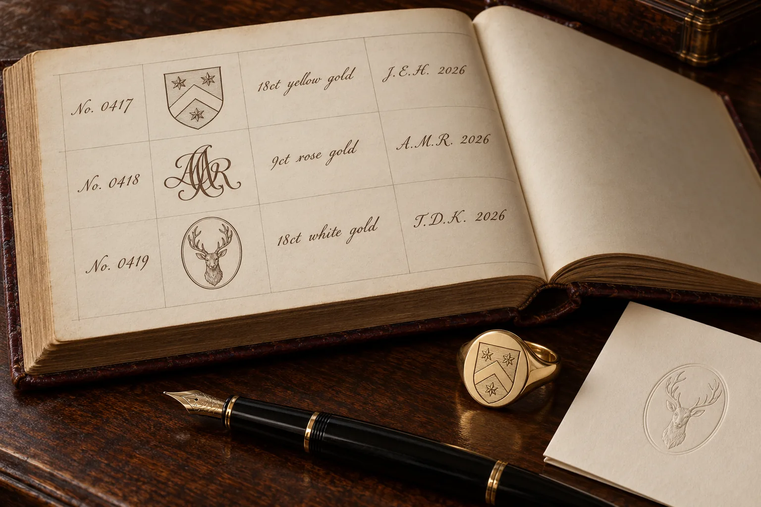 An open register book with three entries, each with a different mark: a shield with a chevron and three stars, an interlaced monogram and a stag's head, beside a gold signet ring and a fountain pen