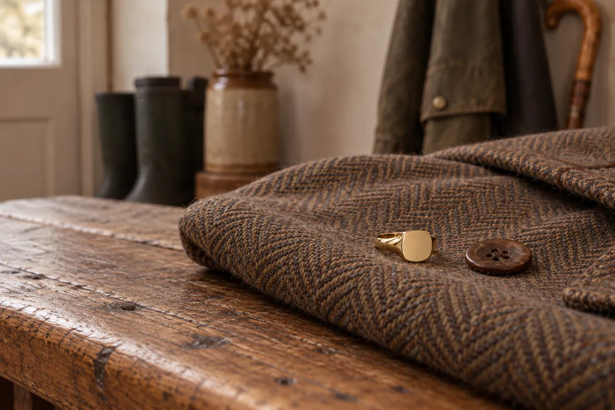 The Estate gold signet ring lying on folded herringbone tweed beside a horn button in a country boot room