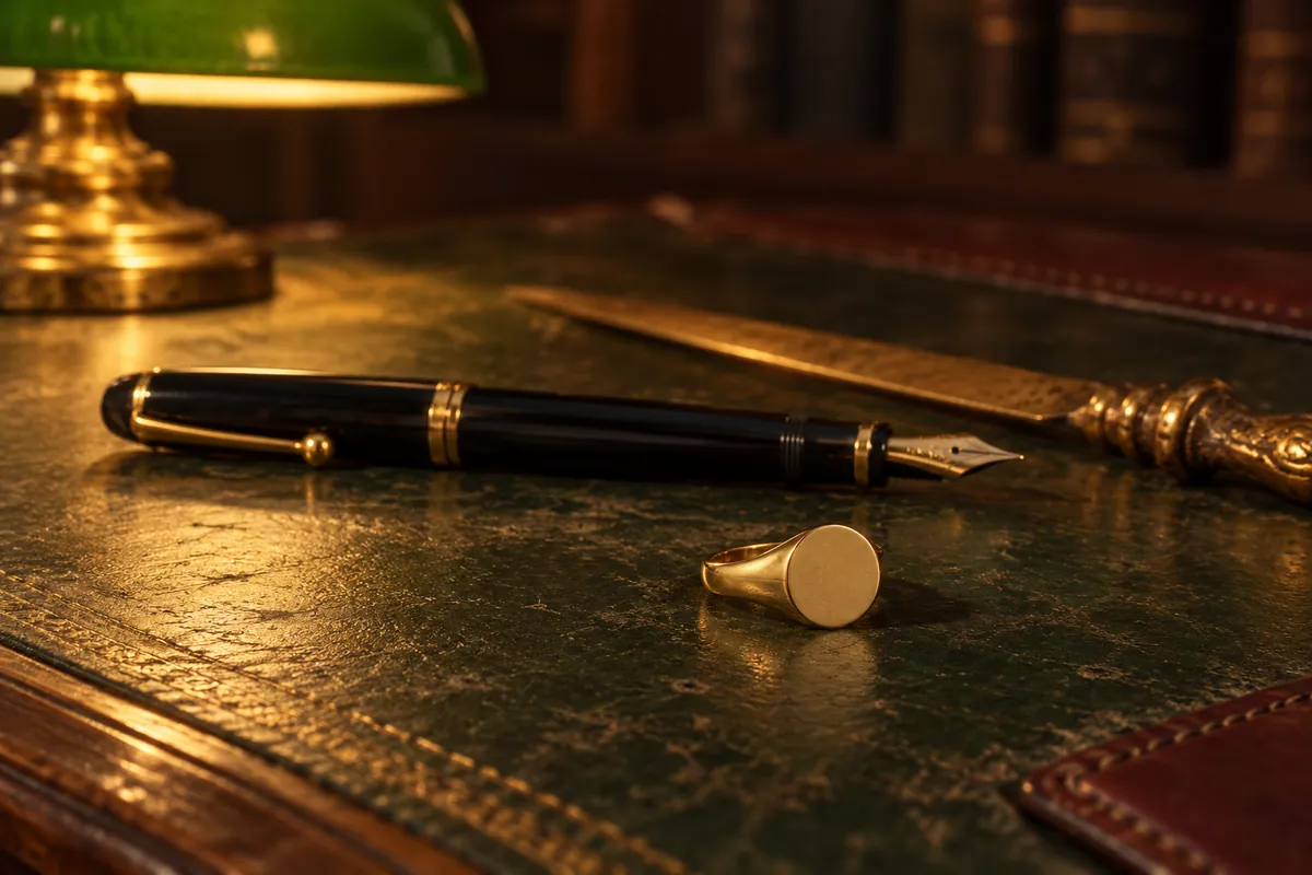 The Locket gold signet ring on a green leather desk blotter beside a fountain pen and a brass letter opener