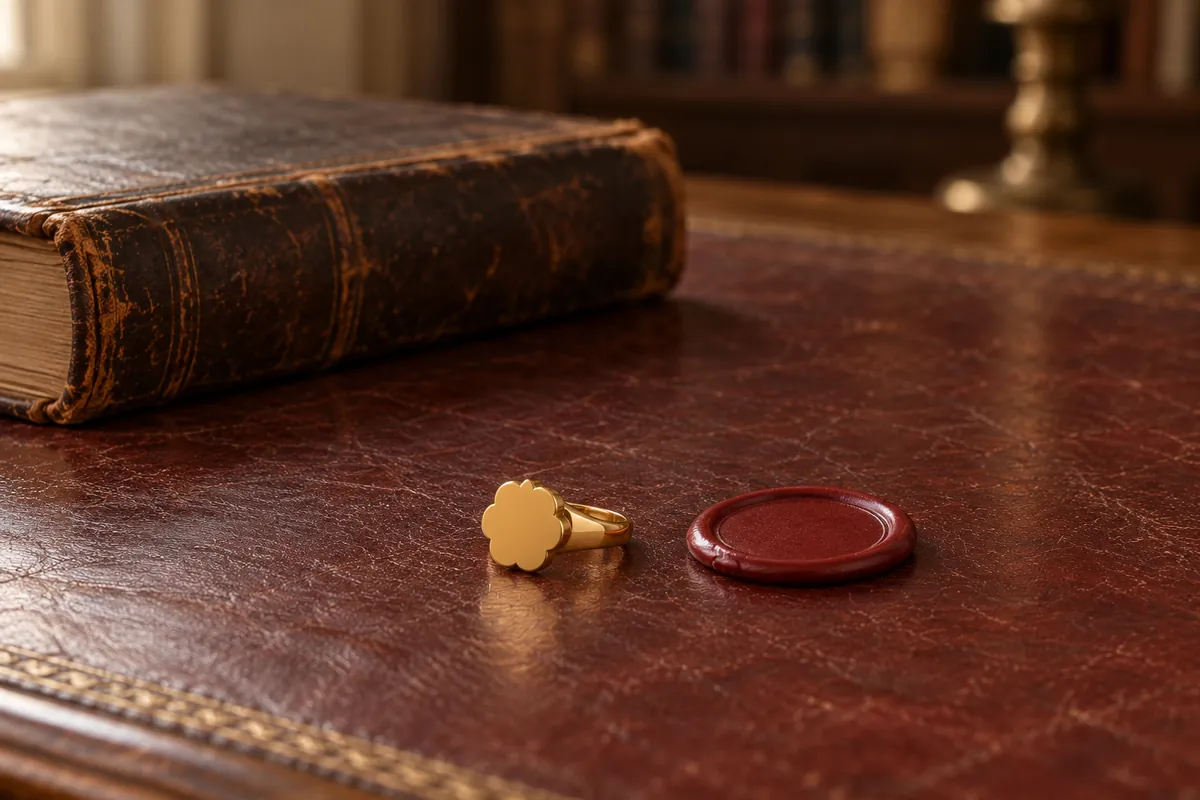 A gold signet ring beside a red wax seal on an old red leather desk