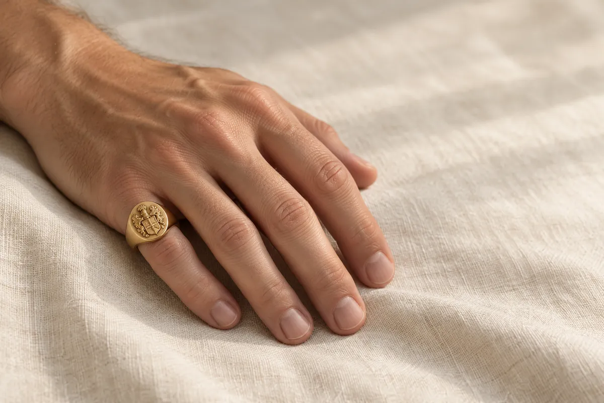 A gold signet ring worn on the little finger of a man's hand resting on cream linen