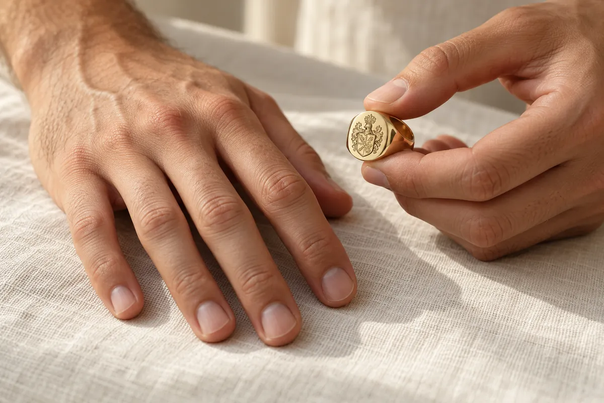 Holding a gold signet ring over the other hand while deciding which finger suits it