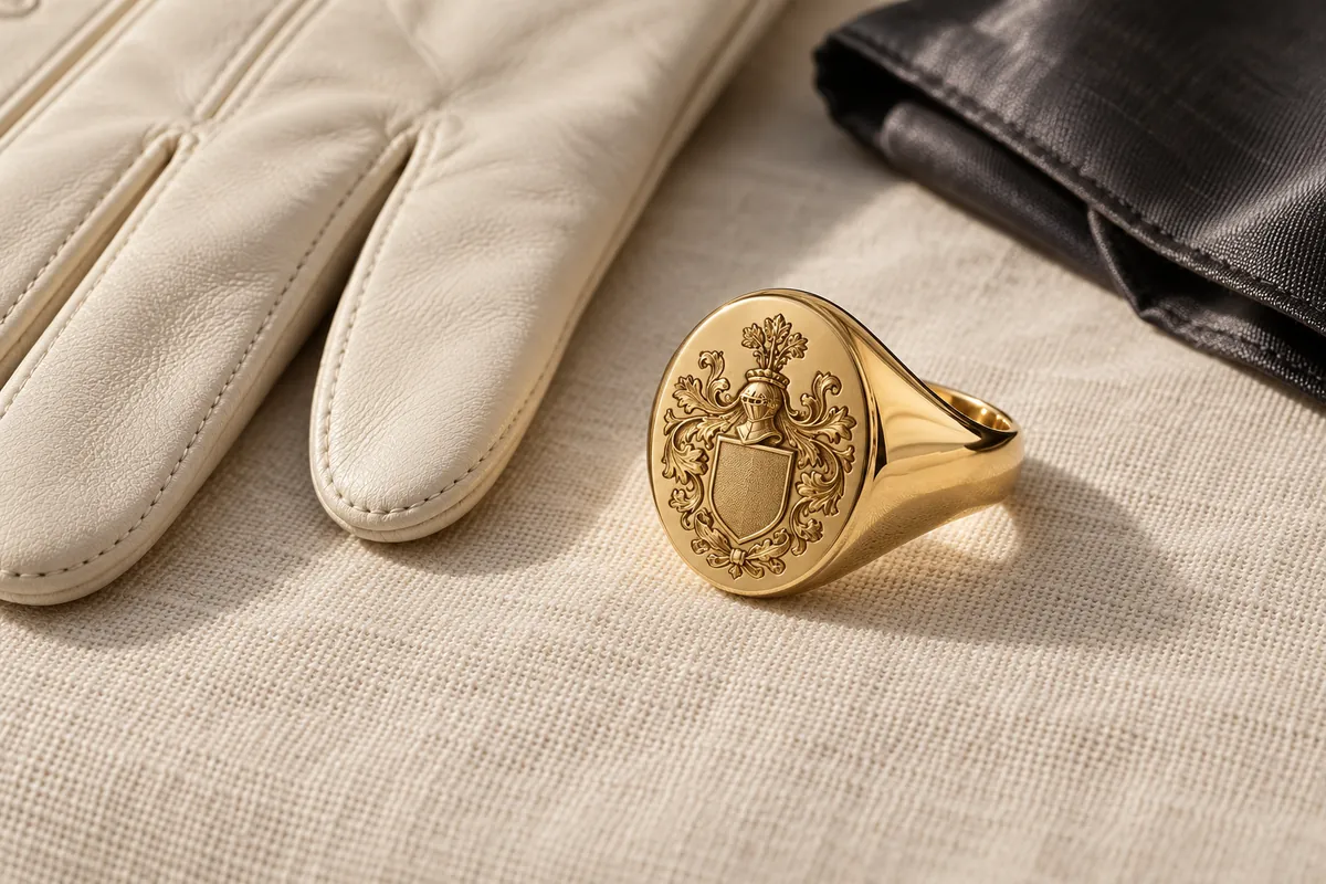 A gold signet ring with an engraved crest resting beside cream leather gloves